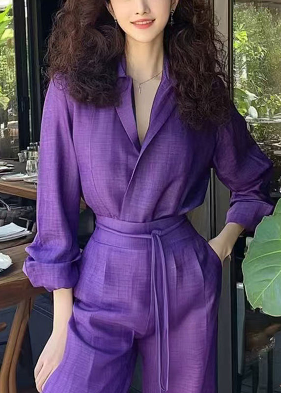 Piece Shirts Pants And Purple Two Set Cotton Pockets Up New Lace