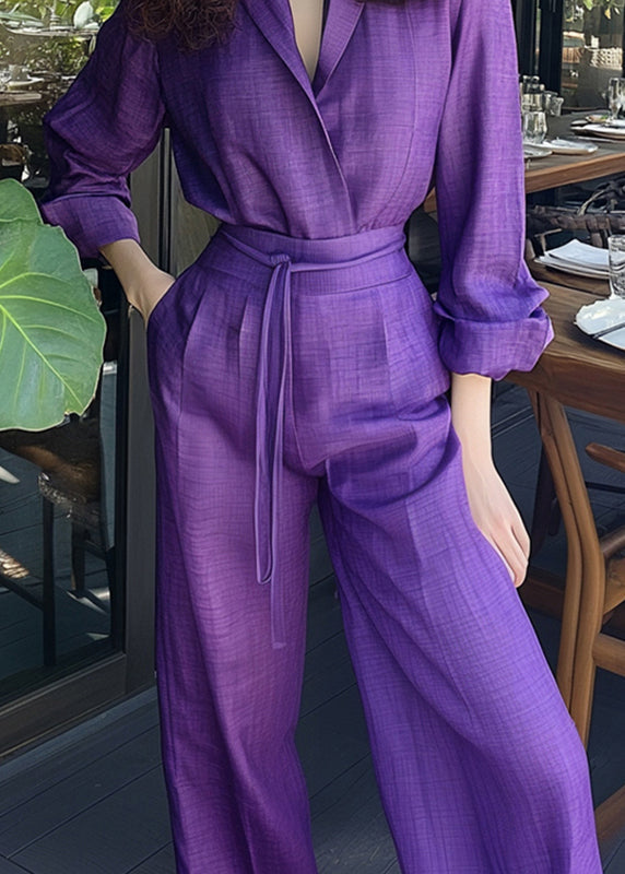 Piece Shirts Pants And Purple Two Set Cotton Pockets Up New Lace