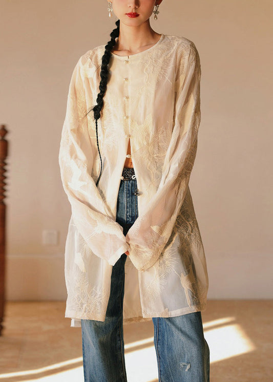 Nouvelle robe chemise rétro brodée beige à manches longues WW1028