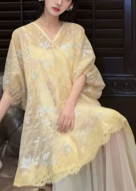 Asymmetrical Embroidered Yellow Dress Retro New Tulle Oriental