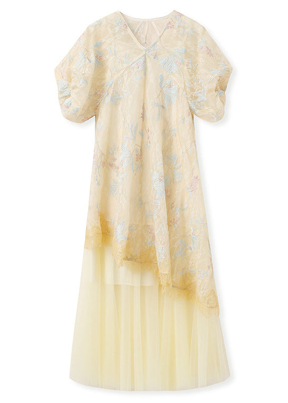 Asymmetrical Embroidered Yellow Dress Retro New Tulle Oriental