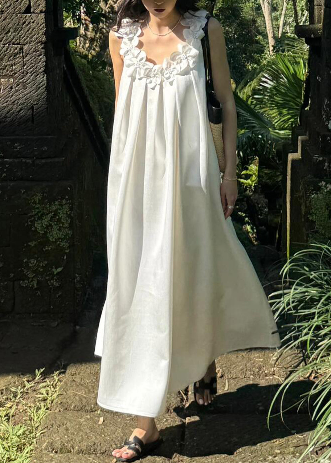 Cotton Floral New Dresses White Maxi Sleeveless Solid