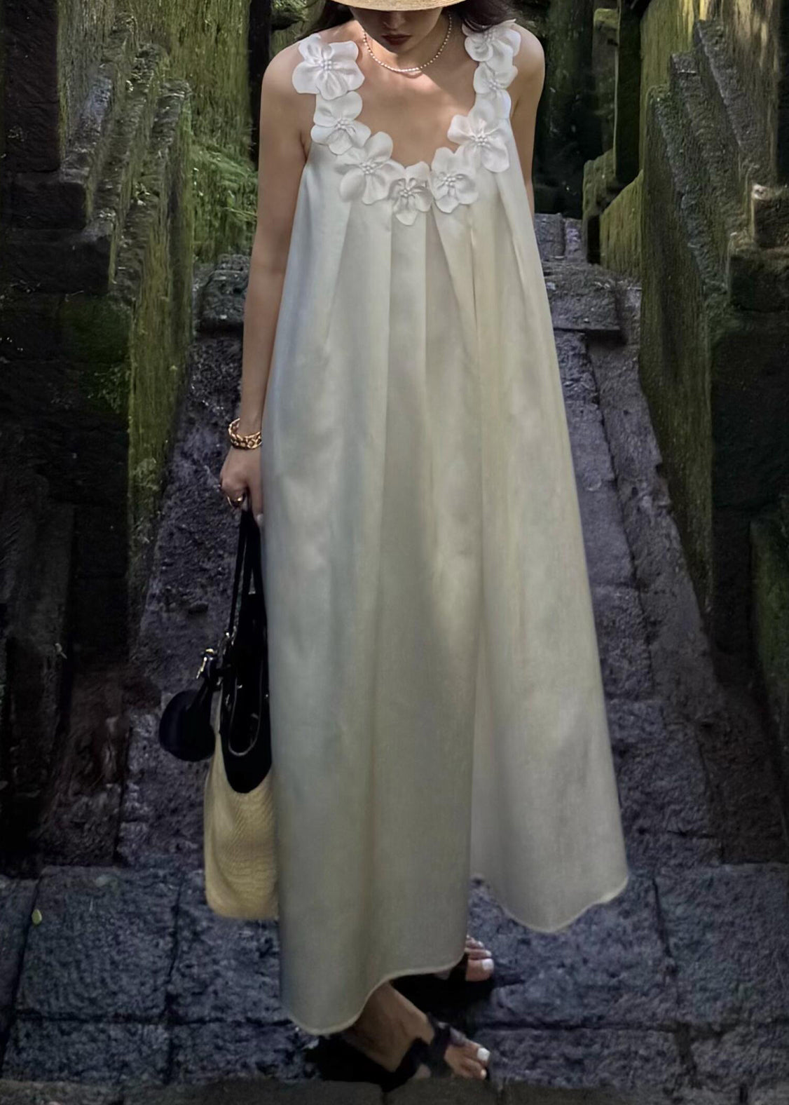 Cotton Floral New Dresses White Maxi Sleeveless Solid