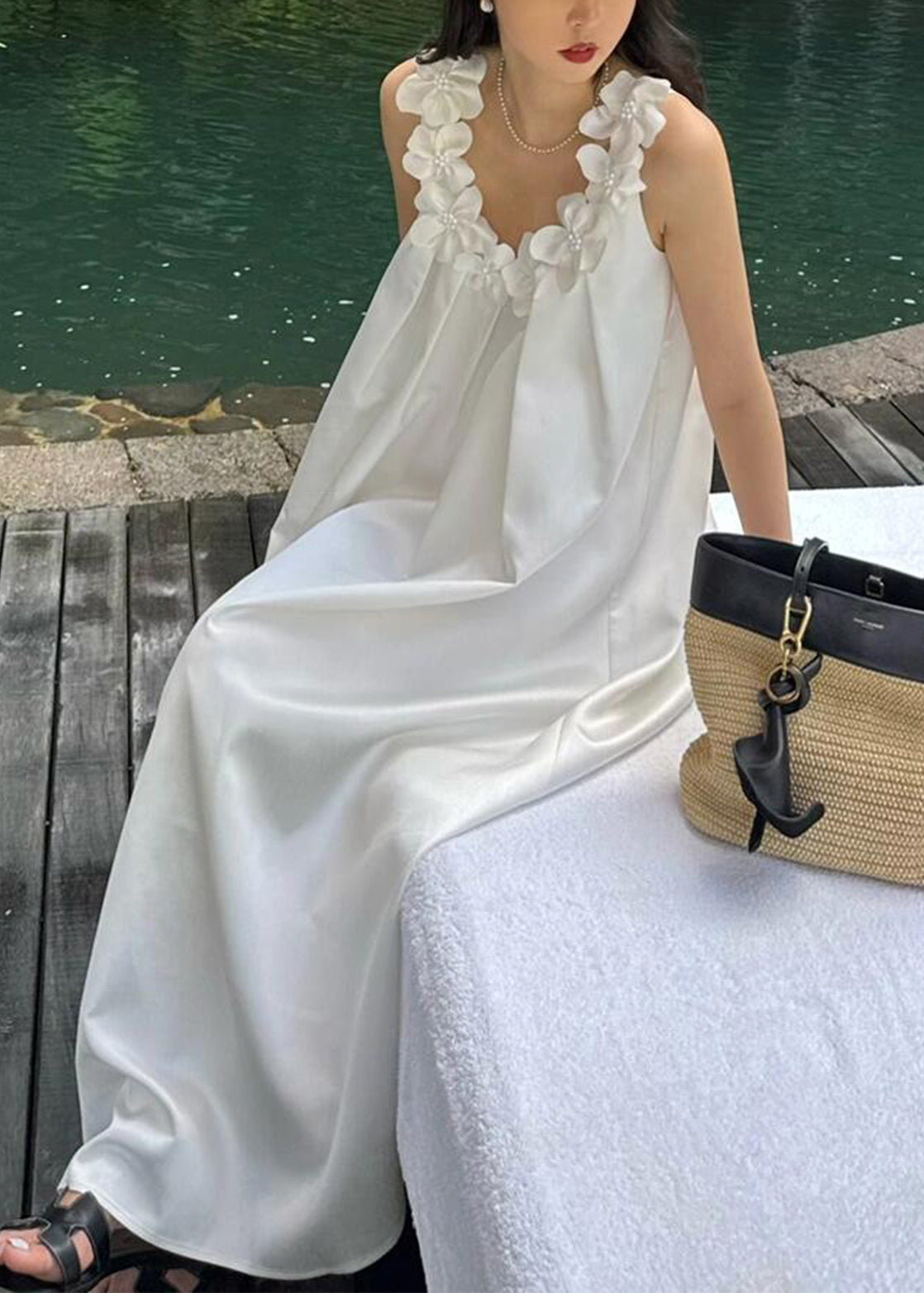 Cotton Floral New Dresses White Maxi Sleeveless Solid