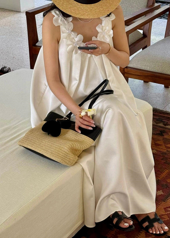 Cotton Floral New Dresses White Maxi Sleeveless Solid