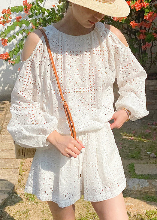 Out And Two Cotton New Tops Pieces Shorts Hollow Summer White Set