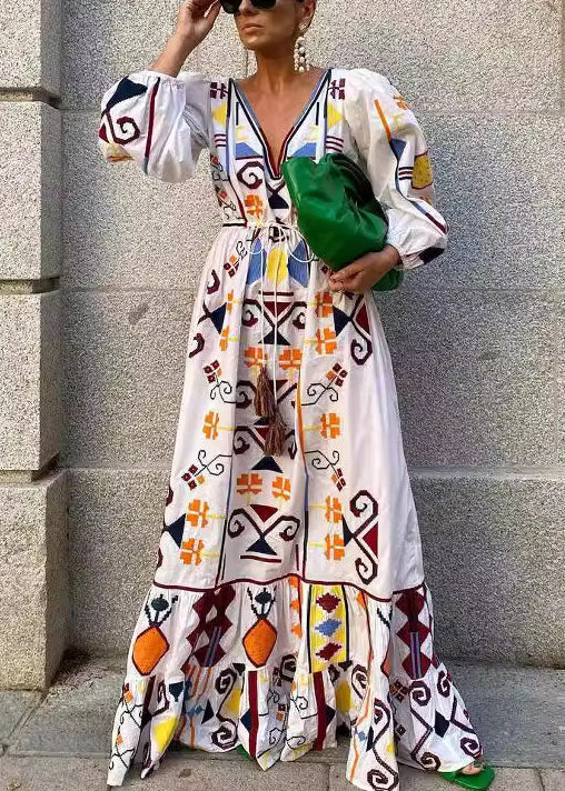 Neu Weiß V-Ausschnitt Print Schnürung Baumwolle Kleider Langarm BB047