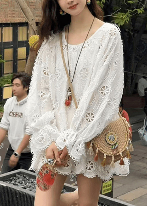 New Top Lace Sleeve O Neck Hollow Long Shirt Yellow Out