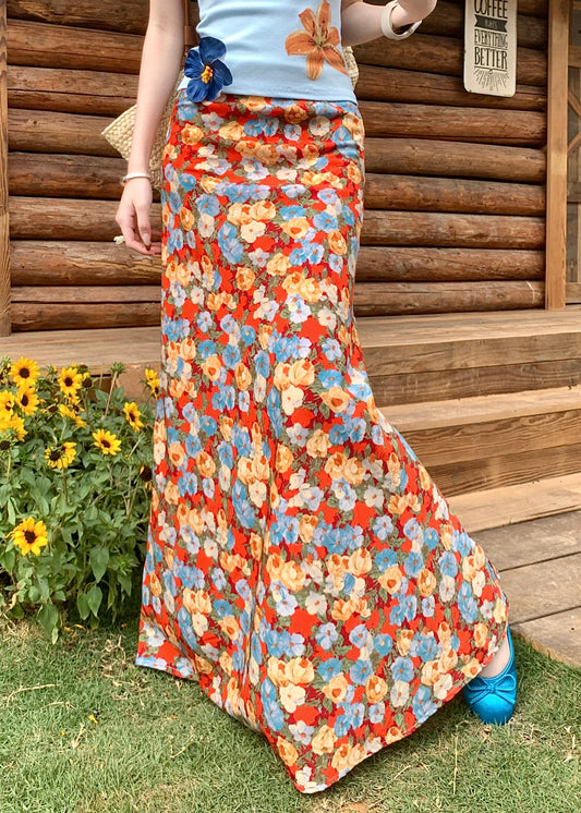Cotton Waist Skirts Orange Print Summer Novelty High