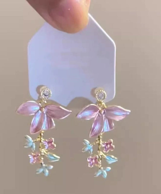 Zircon Novelty Tassel Drop Floral Pink Enamel Copper Earrings