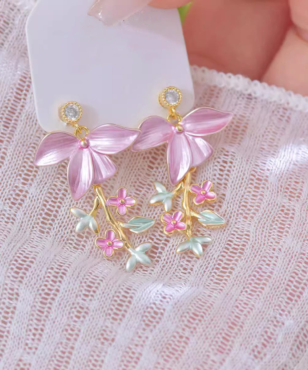 Zircon Novelty Tassel Drop Floral Pink Enamel Copper Earrings