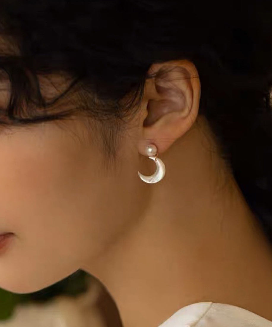 Stud Earrings Pearl Novelty White Overgild Moon Copper