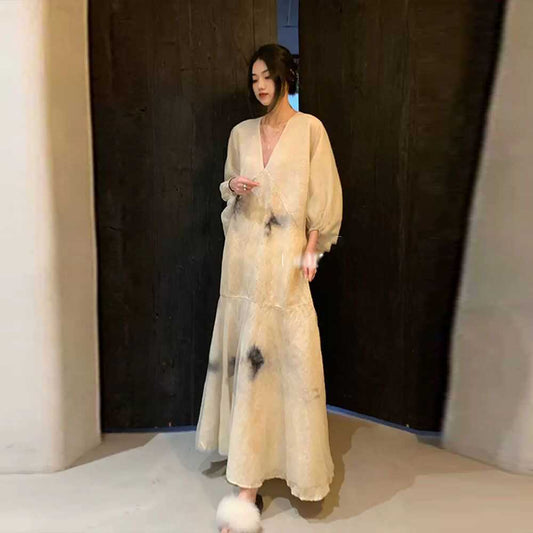 Original Design V-Ausschnitt Print Patchwork Baumwollkleider Laternenärmel WW1001