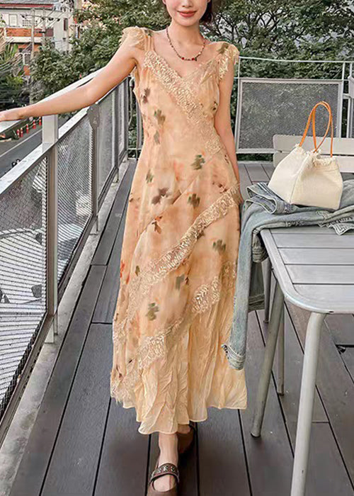 Print Dress Patchwork Long Cotton Lace Neck Orange V Summer