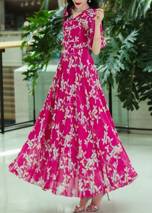 Neck Wrinkled Rose Print Dresses Organic Chiffon Summer Maxi V