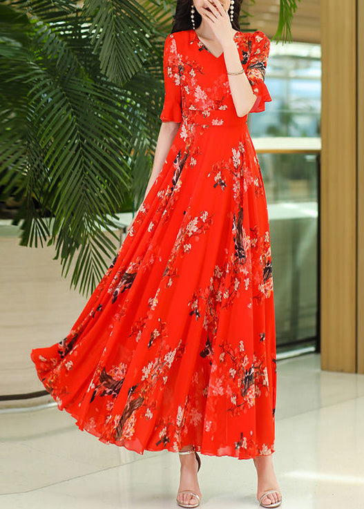 Neck Wrinkled Rose Print Dresses Organic Chiffon Summer Maxi V