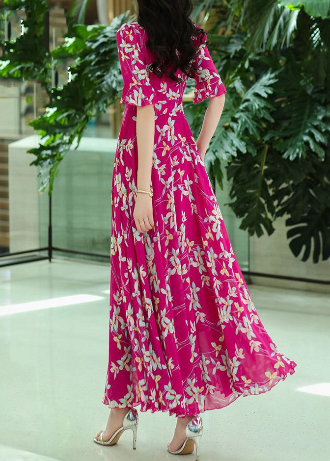 Neck Wrinkled Rose Print Dresses Organic Chiffon Summer Maxi V