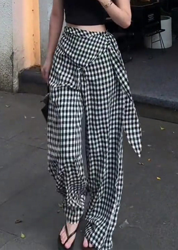 White Summer Plaid Black Cotton Original High Waist Pants Design