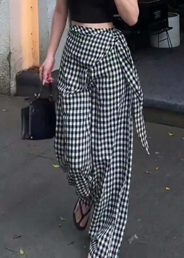 White Summer Plaid Black Cotton Original High Waist Pants Design