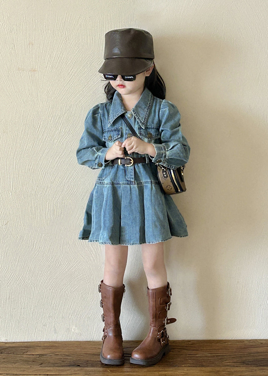 Original Design Blue Peter Pan Collar Button Girls Denim Mid Dresses Spring TV039