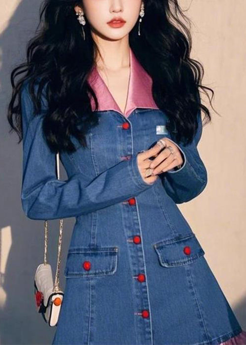 Mid Wrinkled Original Patchwork Fall Blue Dress Design Denim