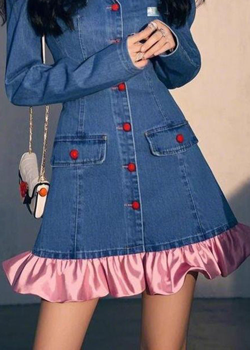 Mid Wrinkled Original Patchwork Fall Blue Dress Design Denim