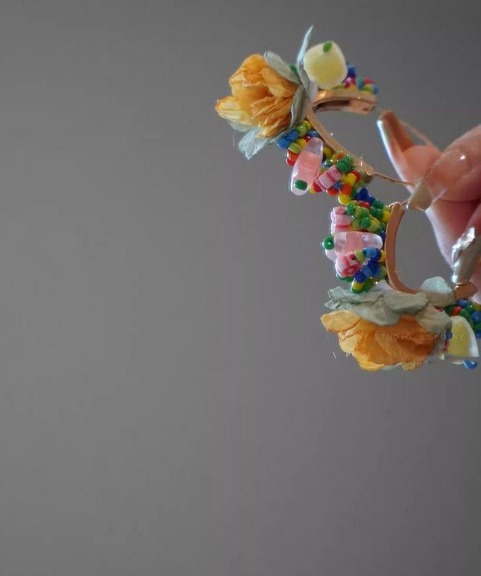 Tulle Beads Gold Copper Original Hoop Floral Earrings Design