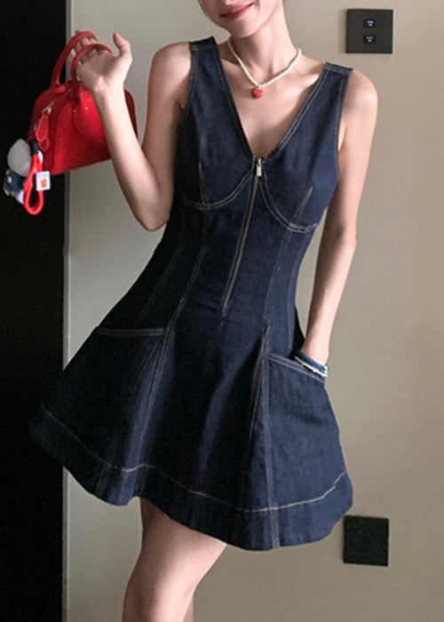 Original Design Neck V Navy Denim Zippered Mini Dresses