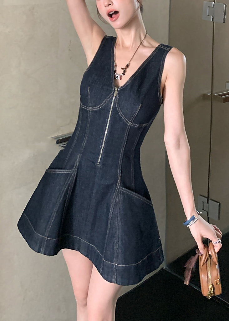 Original Design Neck V Navy Denim Zippered Mini Dresses