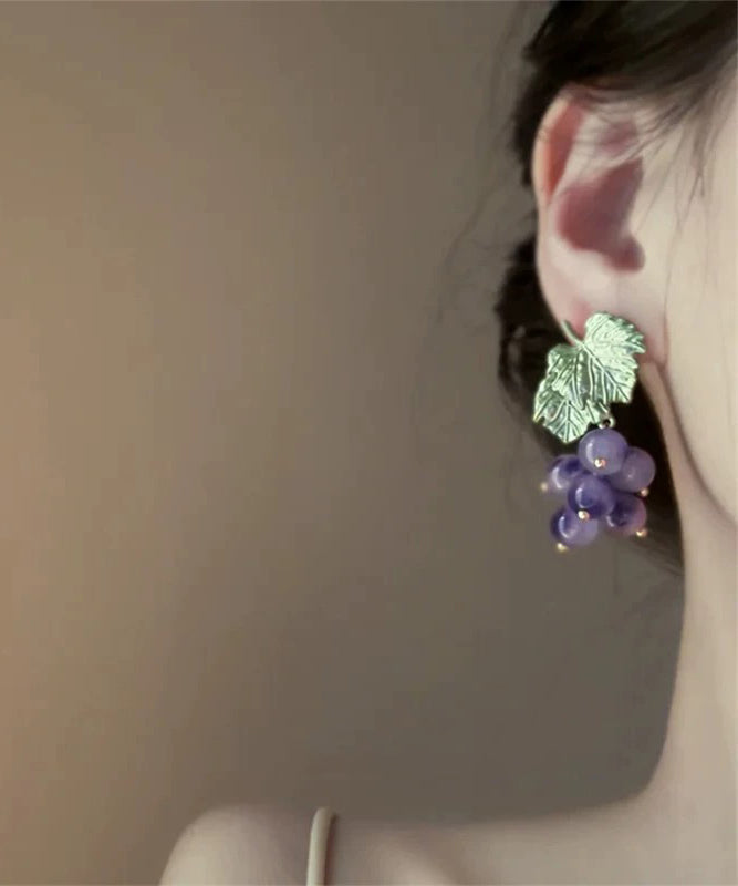 Design Earrings Purple Alloy Grape Stud Glass Original