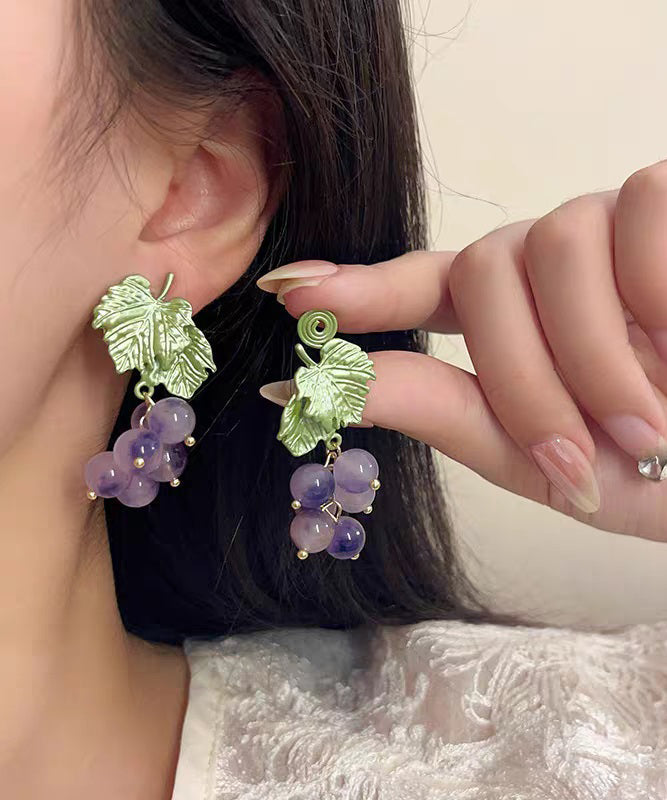 Design Earrings Purple Alloy Grape Stud Glass Original