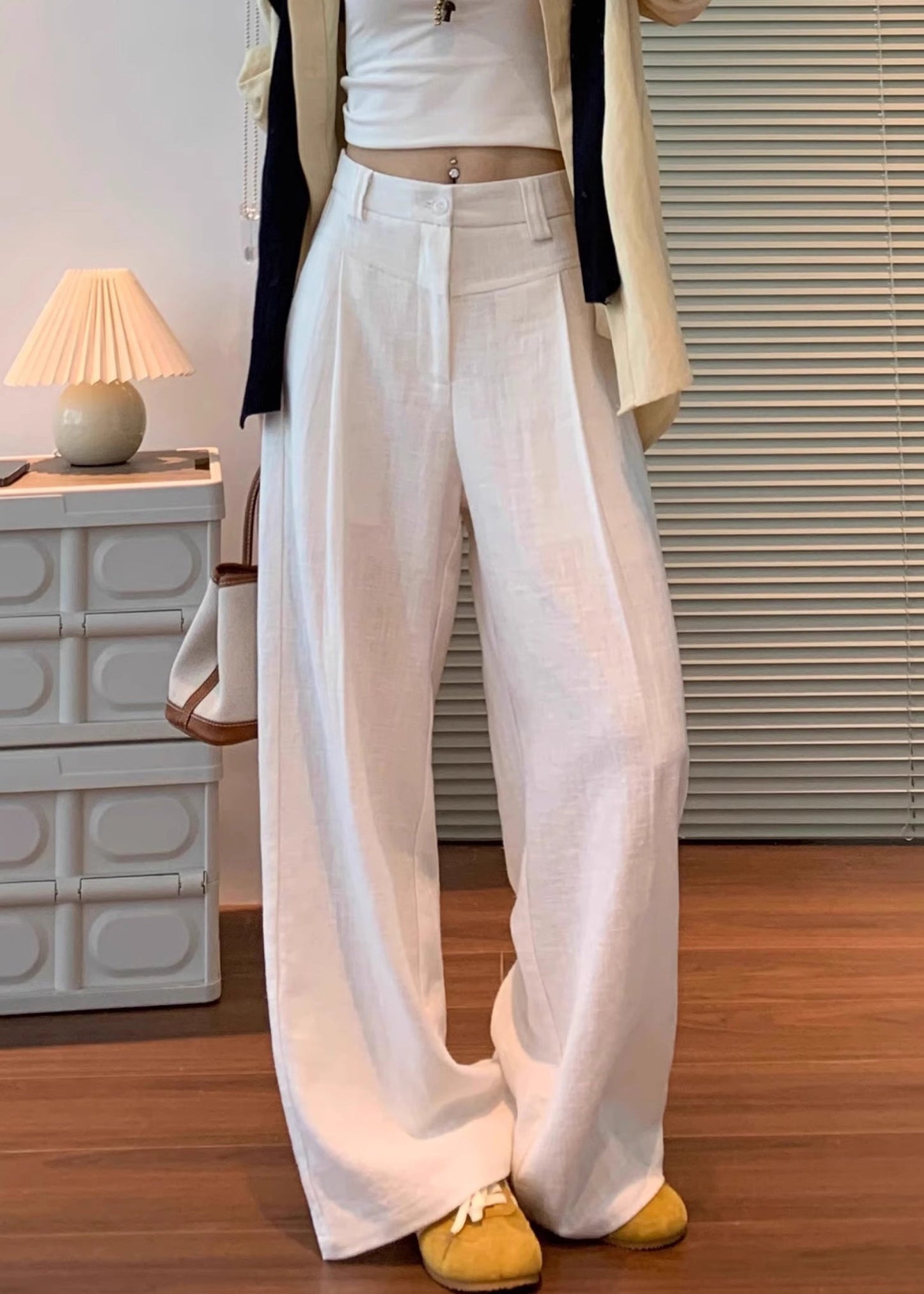 Fall Original Linen White Button High Waist Pants
