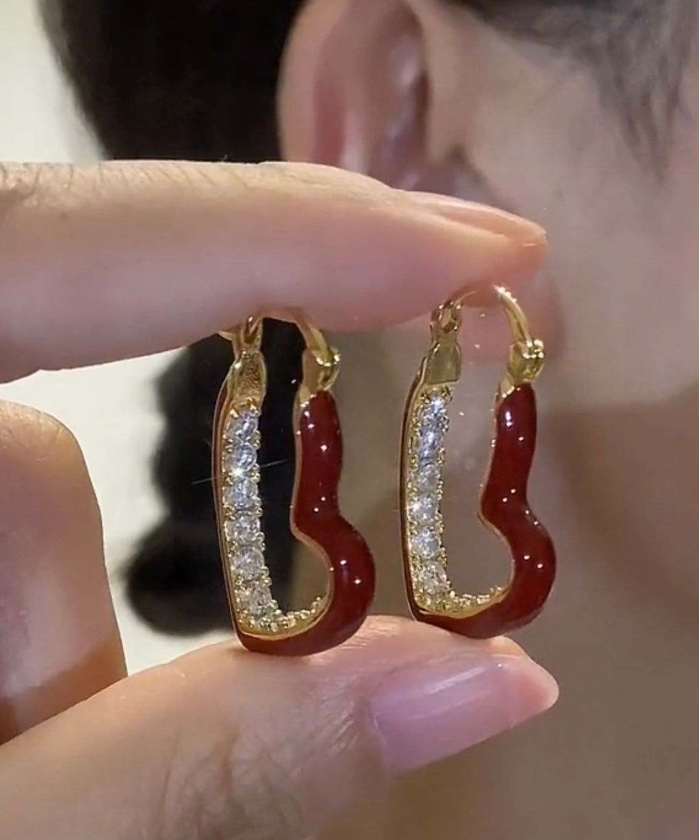 Red Copper Drip Earrings Zircon Glaze Oversize Hoop Overgild Love