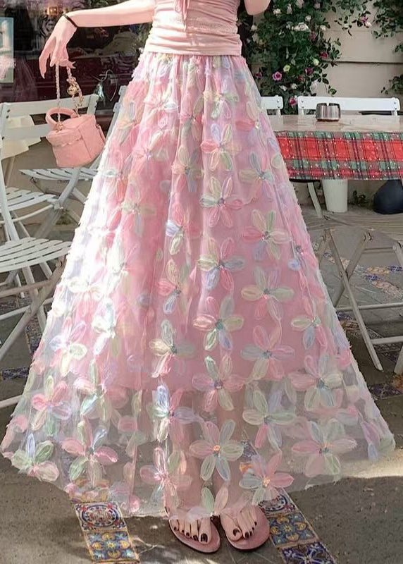 Line Waist A Pink Sequins Elastic Skirts Tulle