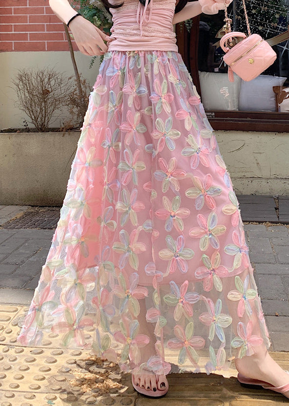 Line Waist A Pink Sequins Elastic Skirts Tulle