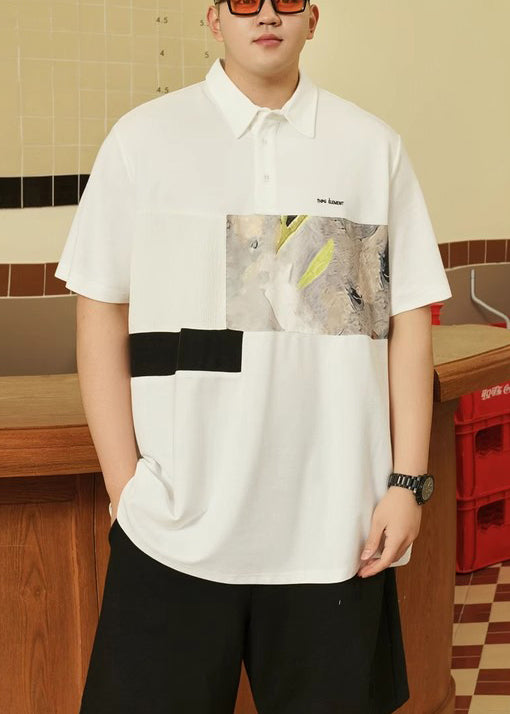 Print Men Plus Size Button Black Cotton Polo Summer Shirt