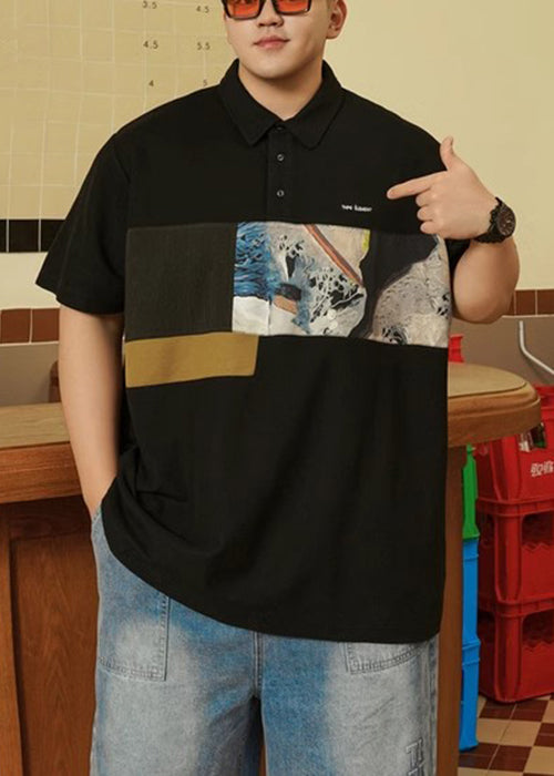 Print Men Plus Size Button Black Cotton Polo Summer Shirt