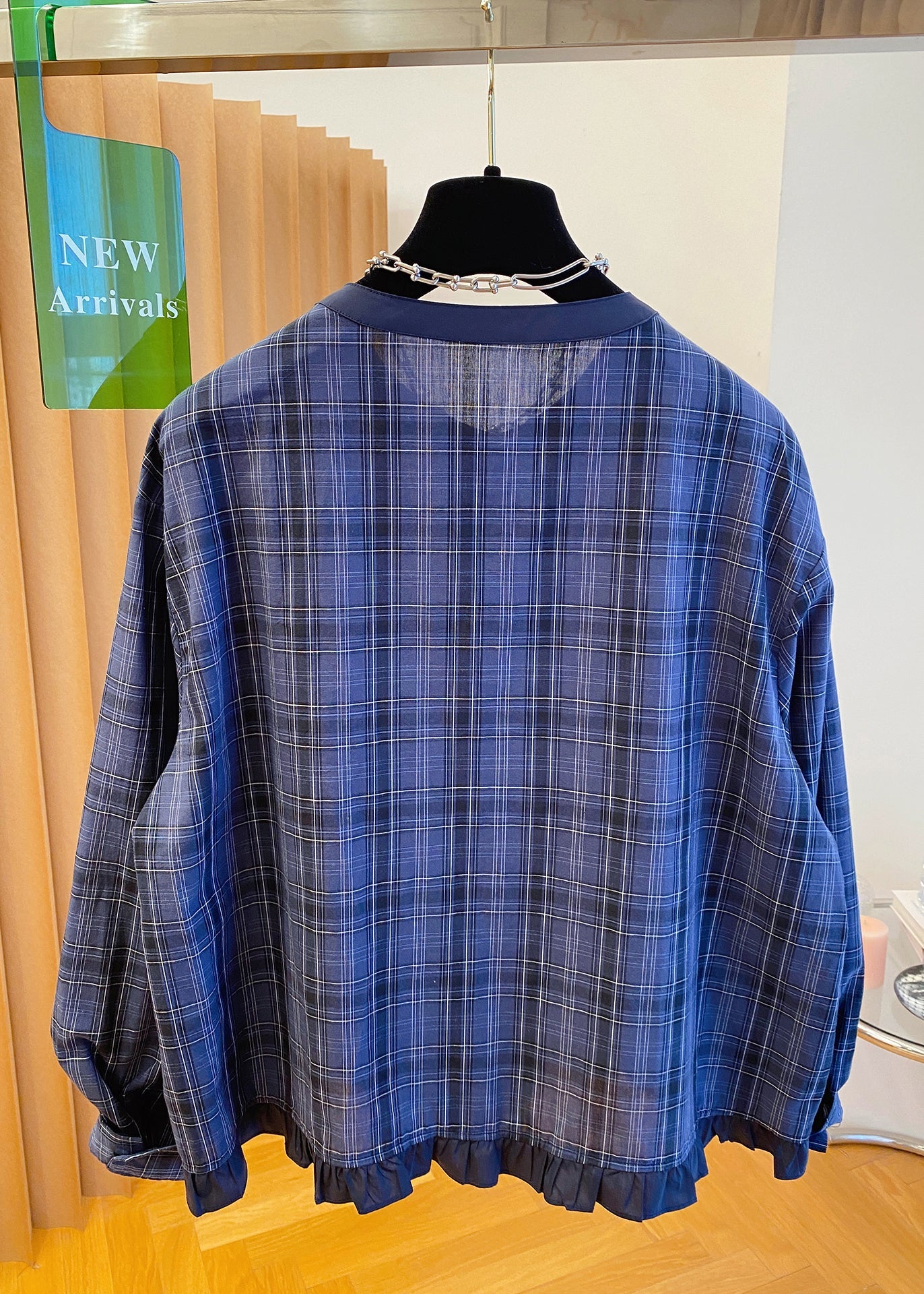 Top Plus Cotton Fall Size Blue O Ruffled Shirt Plaid Neck