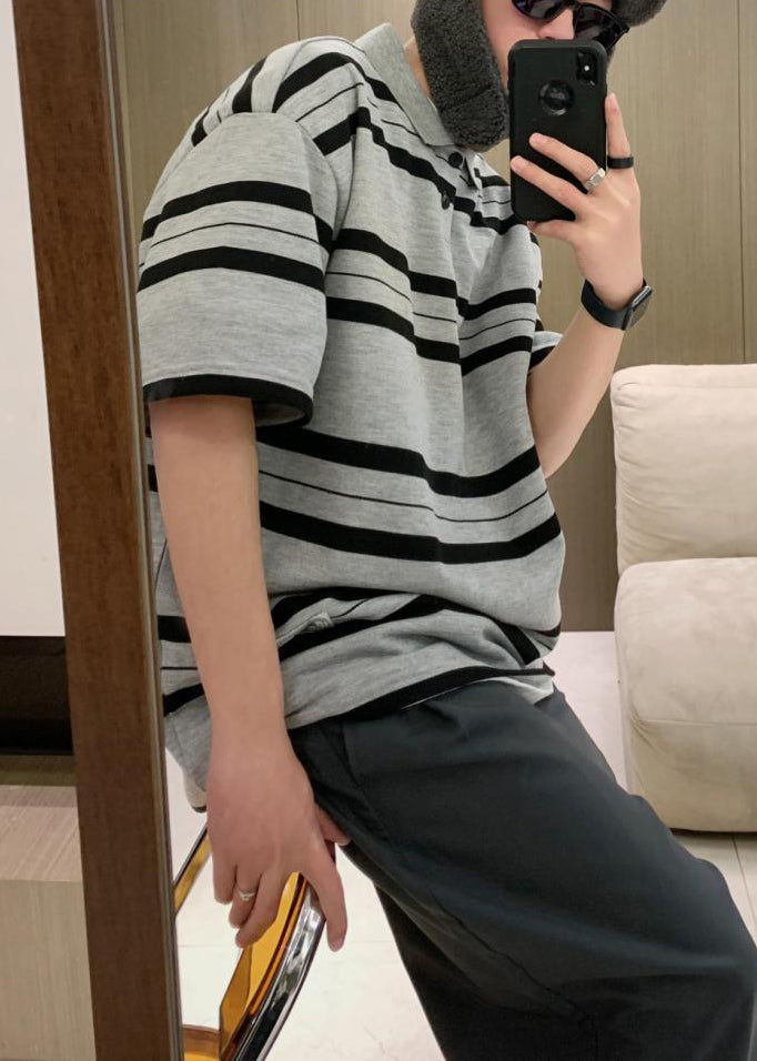Men Grey Summer Button Plus Cotton Size Striped Shirts Polo