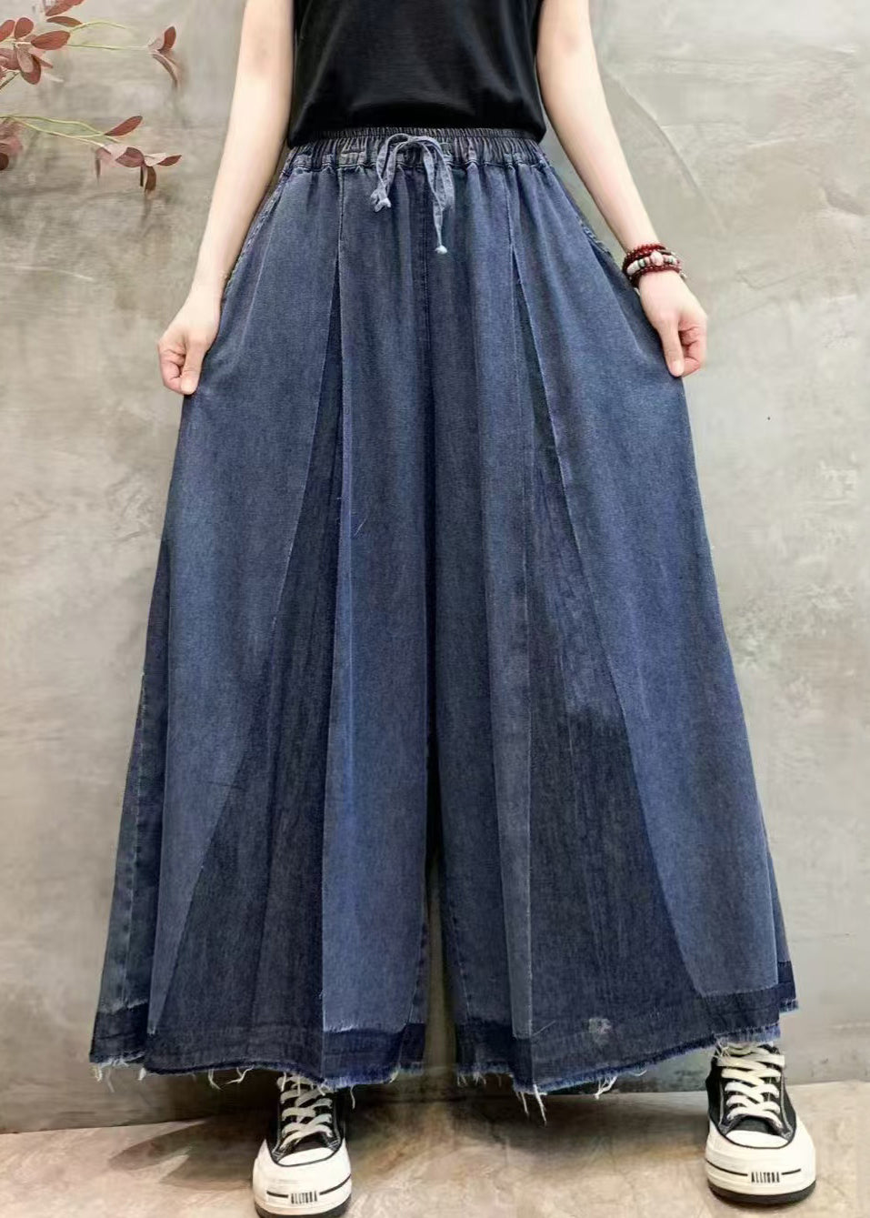 Wrinkled Denim Plus Oversized Leg Size Pants Navy Wide Summer