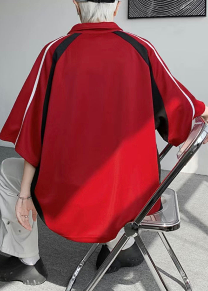 Cotton Button Shirt Patchwork Half Letter Men Plus Size Red Polo