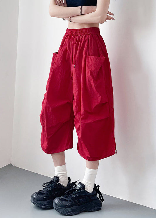 Summer Size Cotton Plus Waist Pants Pockets Red Elastic Crop
