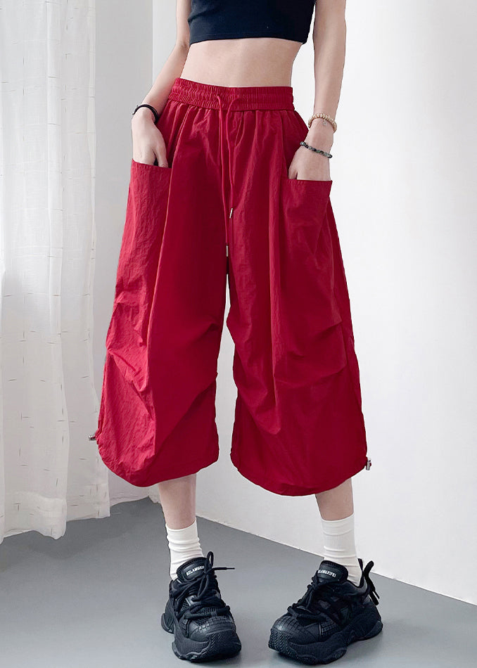 Summer Size Cotton Plus Waist Pants Pockets Red Elastic Crop