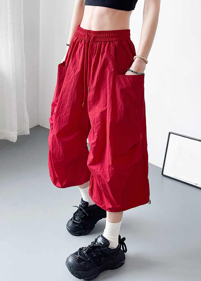 Summer Size Cotton Plus Waist Pants Pockets Red Elastic Crop