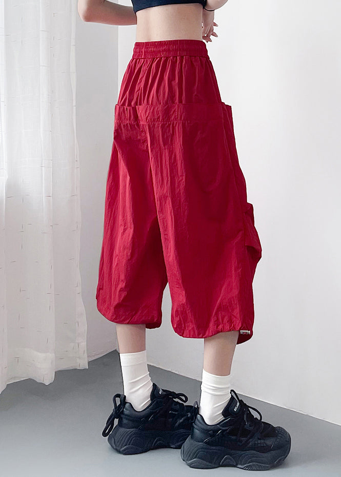 Summer Size Cotton Plus Waist Pants Pockets Red Elastic Crop