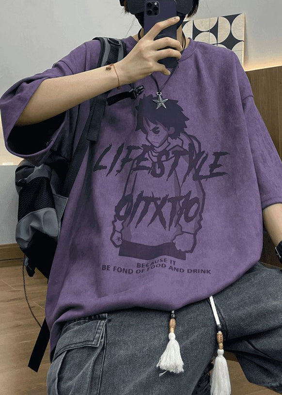 Faux Print Cartoon O T Shirts Men's Half Suede Neck Sleeve Purple