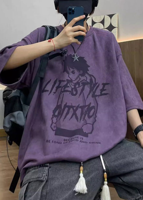Faux Print Cartoon O T Shirts Men's Half Suede Neck Sleeve Purple