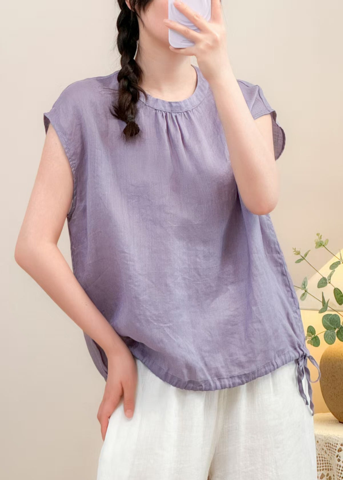 Solid O Linen Lace Purple Up Shirts Neck Summer