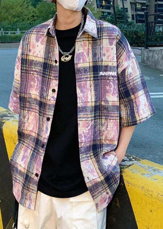 Men Shirts Tie Oversized Cotton Pan Dye Summer Peter Purple