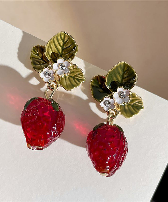 Resin Strawberry Sweet Fashionable Zircon Earrings Red